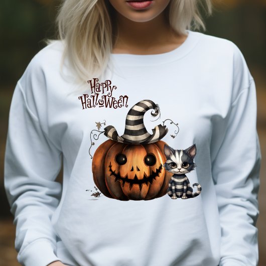 Niedlich Strip Halloween Ghost Kitten und Pumpkin T-Shirt