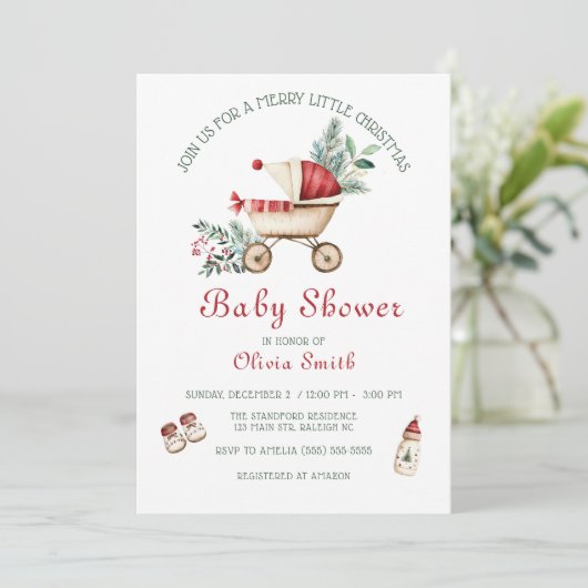 Niedlich Stroller Merry Little Christmas Baby Dusc Einladung (Stehend Vorderseite)