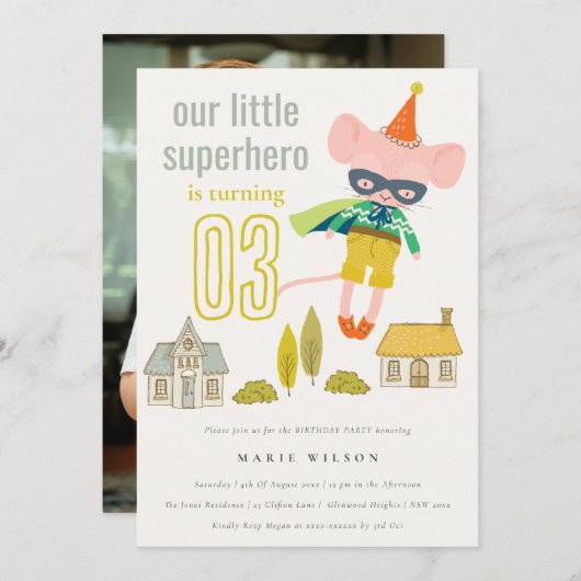 Niedlich Superheran Mouse Fun Kinder Foto Geburtst Einladung (Vorne/Hinten)