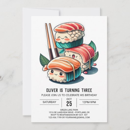 Niedlich Sushi Roll Printable Geburtstag Einladung (Vorderseite)