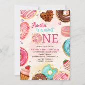 Niedlich Sweet one donut Girl 1. Geburtstag Einladung (Vorderseite)