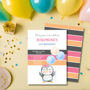 Niedlich Sweet Penguin Balloon Girl Geburtstag Einladung