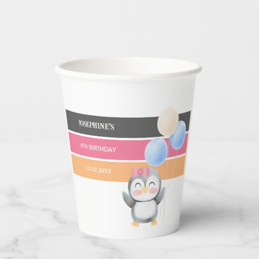 Niedlich Sweet Penguin Balloon Girl Geburtstag Pappbecher (Vorderseite)