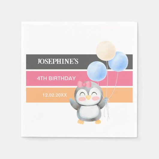 Niedlich Sweet Penguin Balloon Girl Geburtstag Serviette (Vorderseite)