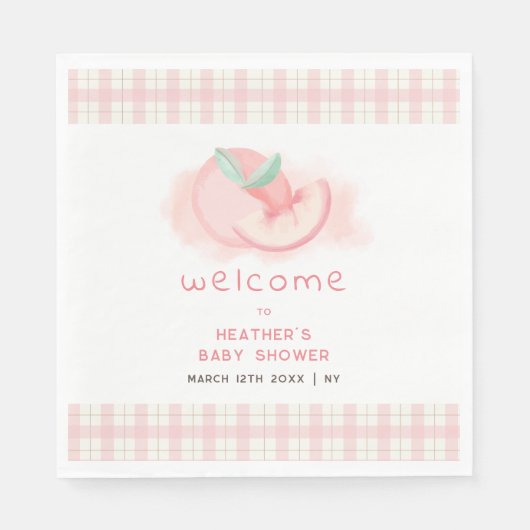 Niedlich Sweet Pink Gingham Peach Baby Dusche Will Serviette (Vorderseite)