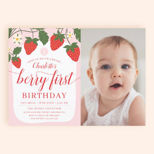 Niedlich Sweet Strawberry 1. Geburtstag Foto Einladung