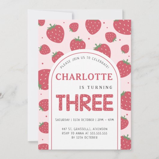Niedlich Sweet Strawberry 3. Geburtstag Party Rosa Einladung (Vorderseite)