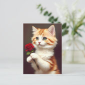 Niedlich Tabby Ginger Cat Holen einer Rote Rose Postkarte (Stehend Vorderseite)