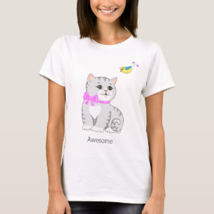 Niedlich Tabby Kitty Cat & Little Bird T-Shirt