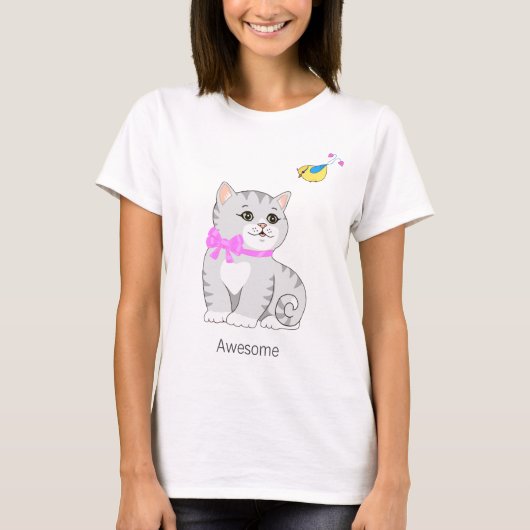 Niedlich Tabby Kitty Cat & Little Bird T-Shirt (Vorderseite)