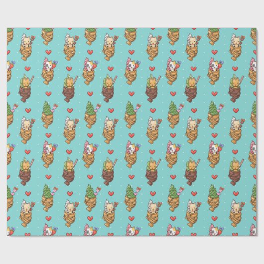 Niedlich Taiyaki Ice Cream Dessert Kawaii Cat Blue Geschenkpapier (Flach)