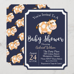 Niedlich Tan Baby Cow Calf & Dark Blue Baby Dusche Einladung