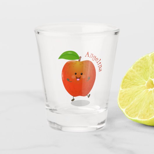 Niedlich tanzende Apfel-Cartoon-Abbildung Schnapsglas (Vorderseite)