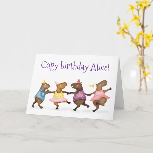 Niedlich tanzende Capybaras personalisierte Geburt Karte (Gelbe Blume)