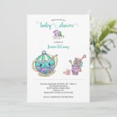 Niedlich Tea Time Aquamarin Baby Dusche Einladung (Stehend Vorderseite)