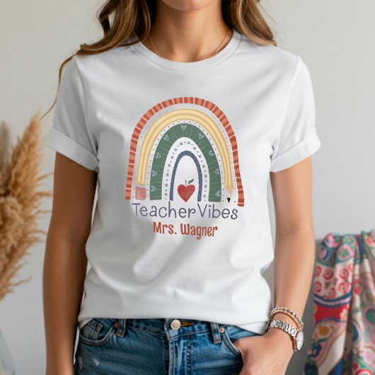 Niedlich Teacher Vibes Rainbow Personalisierter Na T-Shirt