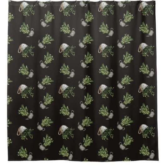 Niedlich Teacup Pflanze Gemustert Schwarzer Duschv Duschvorhang (Vorderseite)