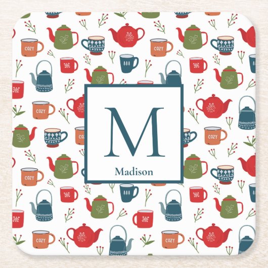 Niedlich Teapos Tasse Berries Monogram Christmas S Rechteckiger Pappuntersetzer (Vorderseite)