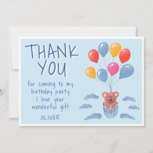 Niedlich Teddy Bar Balloons Kindergeburtstag Dankeskarte (Vorderseite)