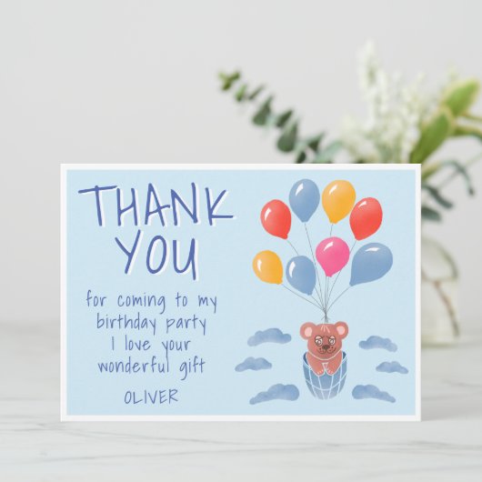 Niedlich Teddy Bar Balloons Kindergeburtstag Dankeskarte (Stehend Vorderseite)