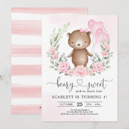 Niedlich Teddy Bär Girl Birthday Heart Balloons Pa Einladung