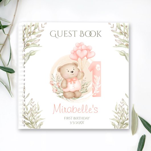 Niedlich Teddy Bear 1. Geburtstag Peach Gästebuch Notizblock