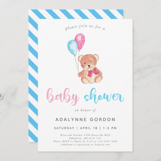 Niedlich Teddy Bear Baby Dusche Wasserfarbe Süß Einladung (Vorne/Hinten)
