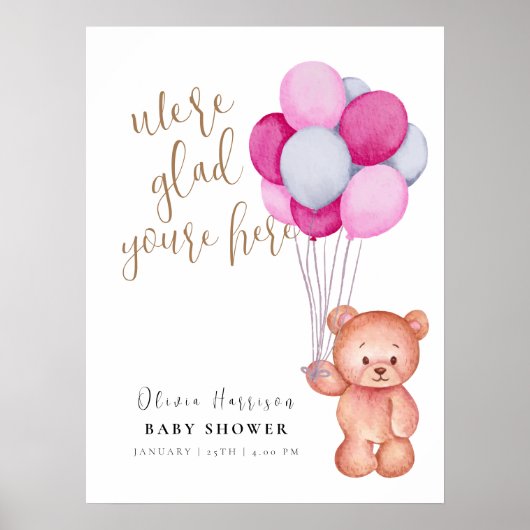 Niedlich Teddy Bear Balloon Baby Dusche Begrüßungs Poster (Vorne)
