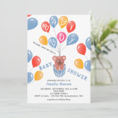 Niedlich Teddy Bear Balloons Baby Boy Baby Dusche Einladung (Stehend Vorderseite)