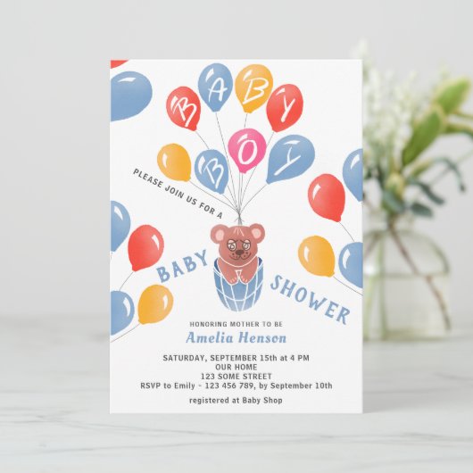 Niedlich Teddy Bear Balloons Baby Boy Baby Dusche Einladung (Stehend Vorderseite)