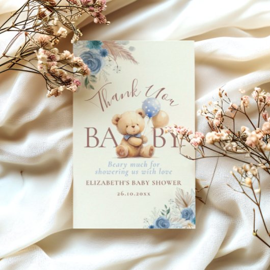 Niedlich Teddy Bear Balloons Boho Blue Rose Floral Dankeskarte