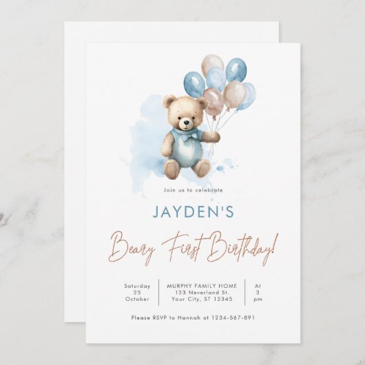 Niedlich Teddy Bear Beary First Birthday Blue Ball Einladung (Vorne/Hinten)