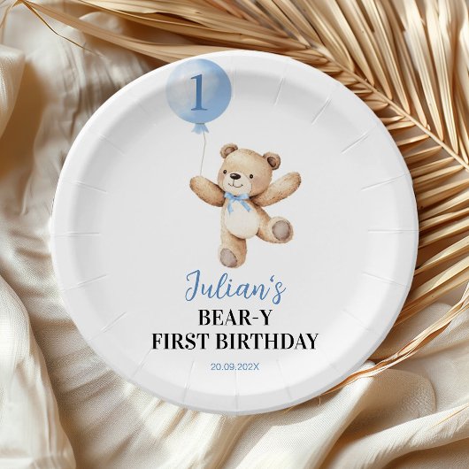 Niedlich Teddy Bear Blue Balloon Beary Birthday Pappteller