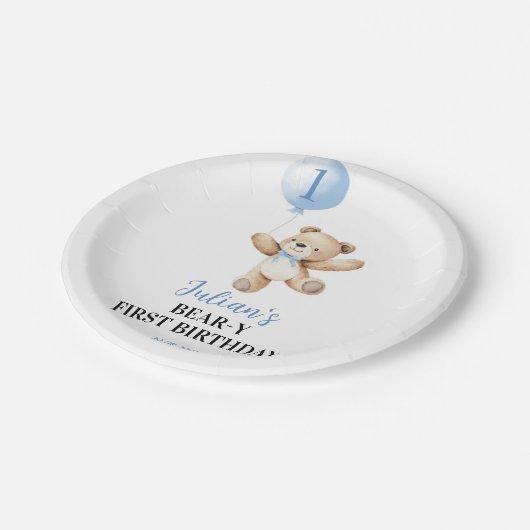 Niedlich Teddy Bear Blue Balloon Beary Birthday Pappteller (Schrägansicht)