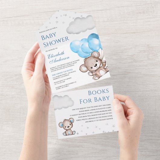 Niedlich Teddy Bear Blue Balloons Babydusche All In One Einladung (Abreißen)