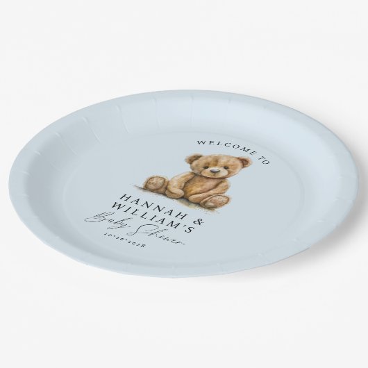 Niedlich Teddy Bear Blue Boy Baby Dusche Pappteller (Schrägansicht)