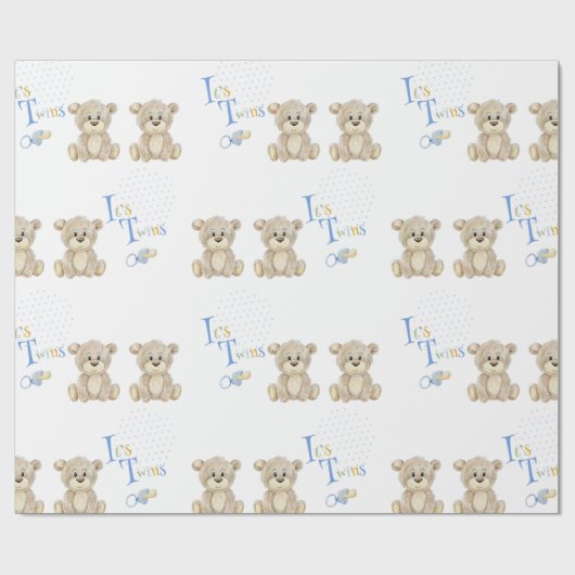 Niedlich Teddy Bear Blue es ist Twins Baby Shower Geschenkpapier (Flach)