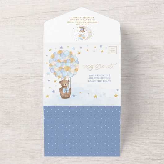 Niedlich Teddy Bear Blue Gold Balloon Baby Show All In One Einladung (Außenbereich)
