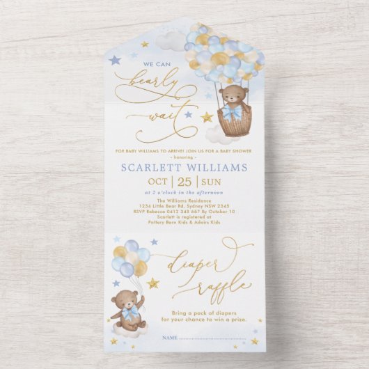 Niedlich Teddy Bear Blue Gold Balloon Baby Show All In One Einladung (Innen Boden)