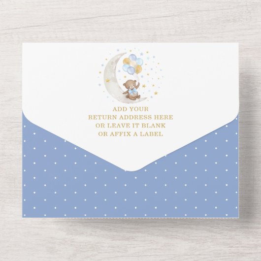 Niedlich Teddy Bear Blue Gold Balloon Baby Show All In One Einladung (Rückseite)