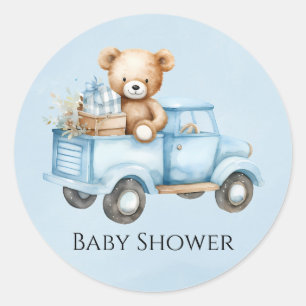 Niedlich Teddy Bear Blue Vintag Truck Baby Dusche Runder Aufkleber