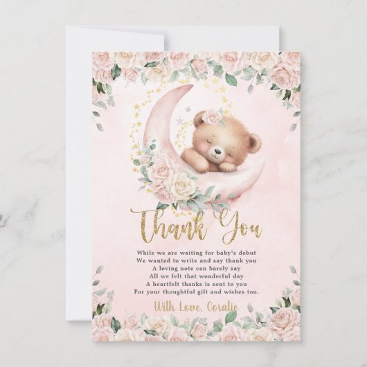 Niedlich Teddy Bear Blush Pink Floral Girl Babydus Dankeskarte (Vorderseite)
