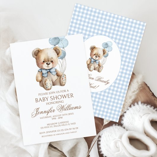 Niedlich Teddy Bear Bow Balloon Baby Boy Dusche Einladung