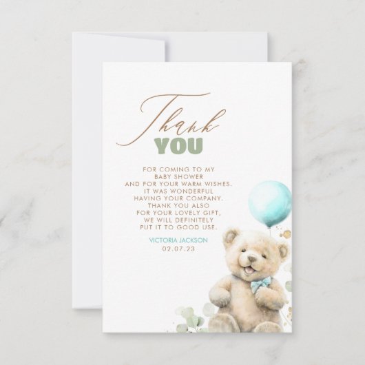 Niedlich Teddy Bear Boy Babydusche Danke (Vorderseite)