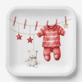 Niedlich Teddy Bear Clothesline Red Baby Dusche Pappteller