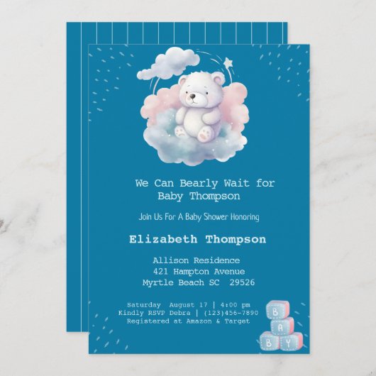 Niedlich Teddy Bear Cloud Bearly Wait Baby Dusche Einladung (Vorne/Hinten)