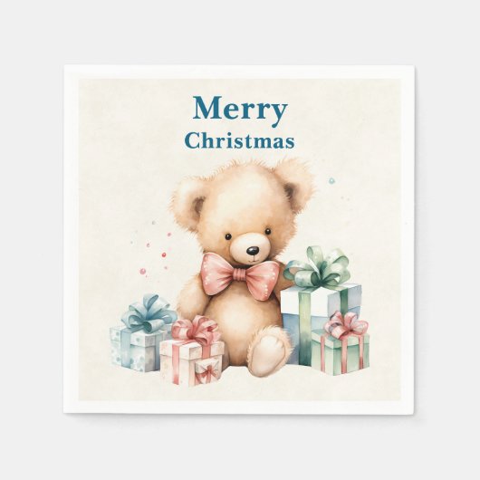Niedlich Teddy Bear Frohe Weihnachten Serviette (Vorderseite)