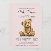 Niedlich Teddy Bear Girl Blush Pink Babydusche Einladung (Vorne/Hinten)