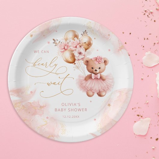 Niedlich Teddy Bear Gold Ballon Pink Baby Girl Dus Pappteller