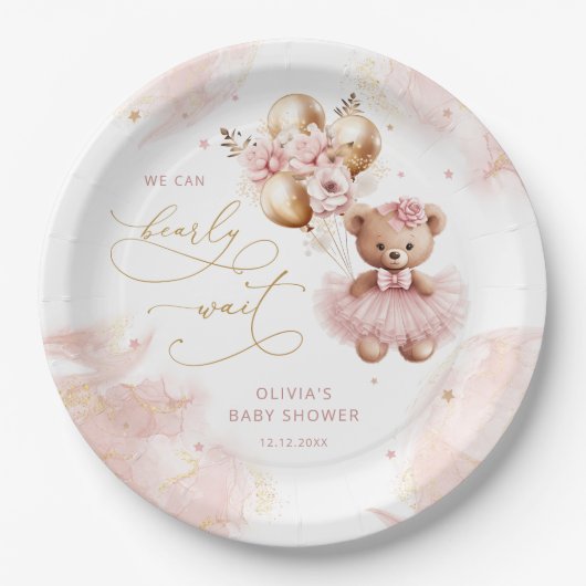 Niedlich Teddy Bear Gold Ballon Pink Baby Girl Dus Pappteller (Vorderseite)